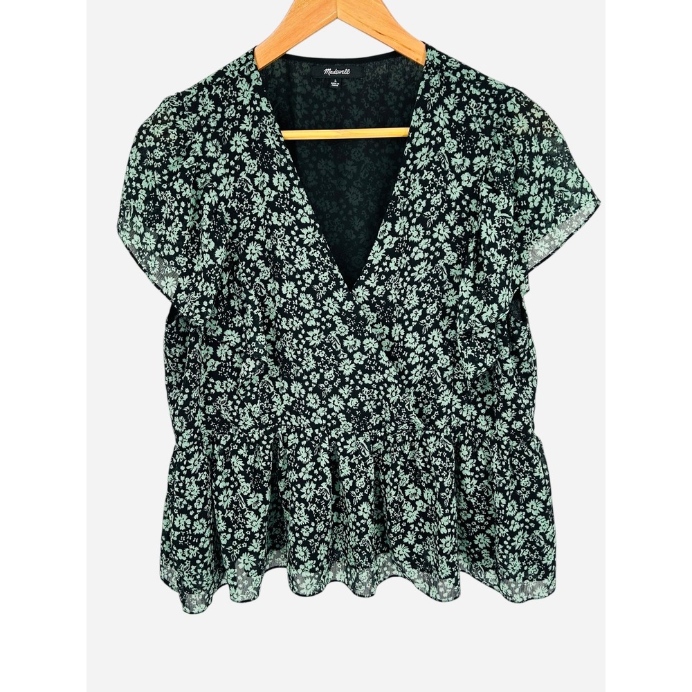 Madewell Womens Black Mint Floral Flutter Sleeve Peplum V Neck Top‎ Size L